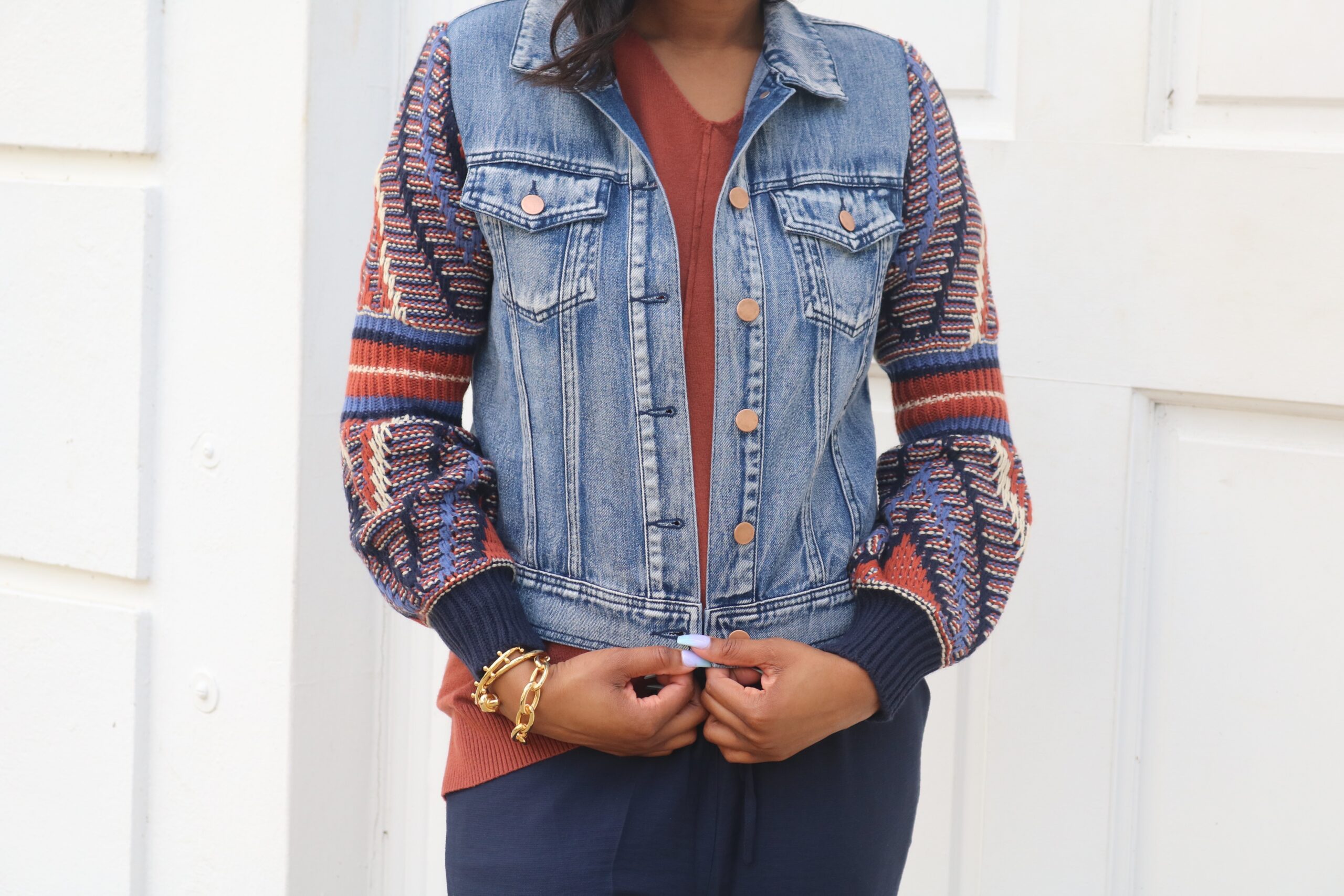 knit sleeve denim jacket